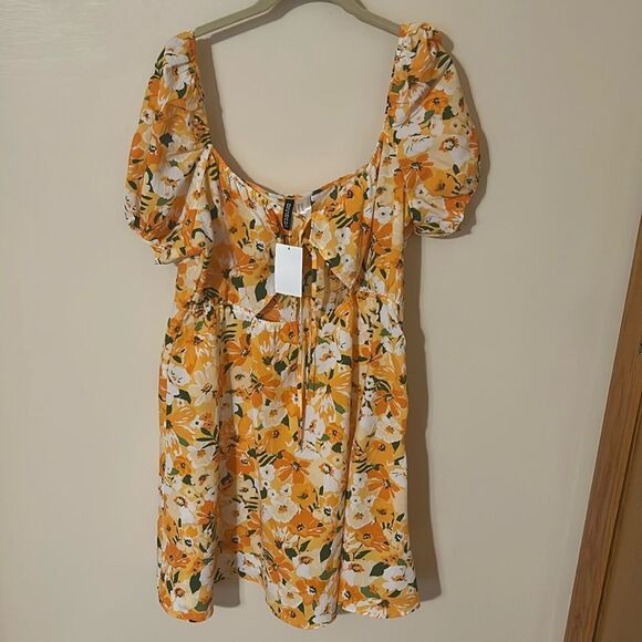 H&M orange yellow floral PUFF-SLEEVED DRESS XL NWT - Picture 1 of 5